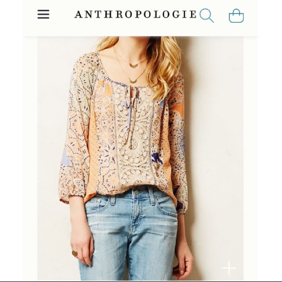 Anthro Meadow Rue Crochet Lace Sheer Geometric Print Peasant Blouse Tunic Top - Picture 2 of 8